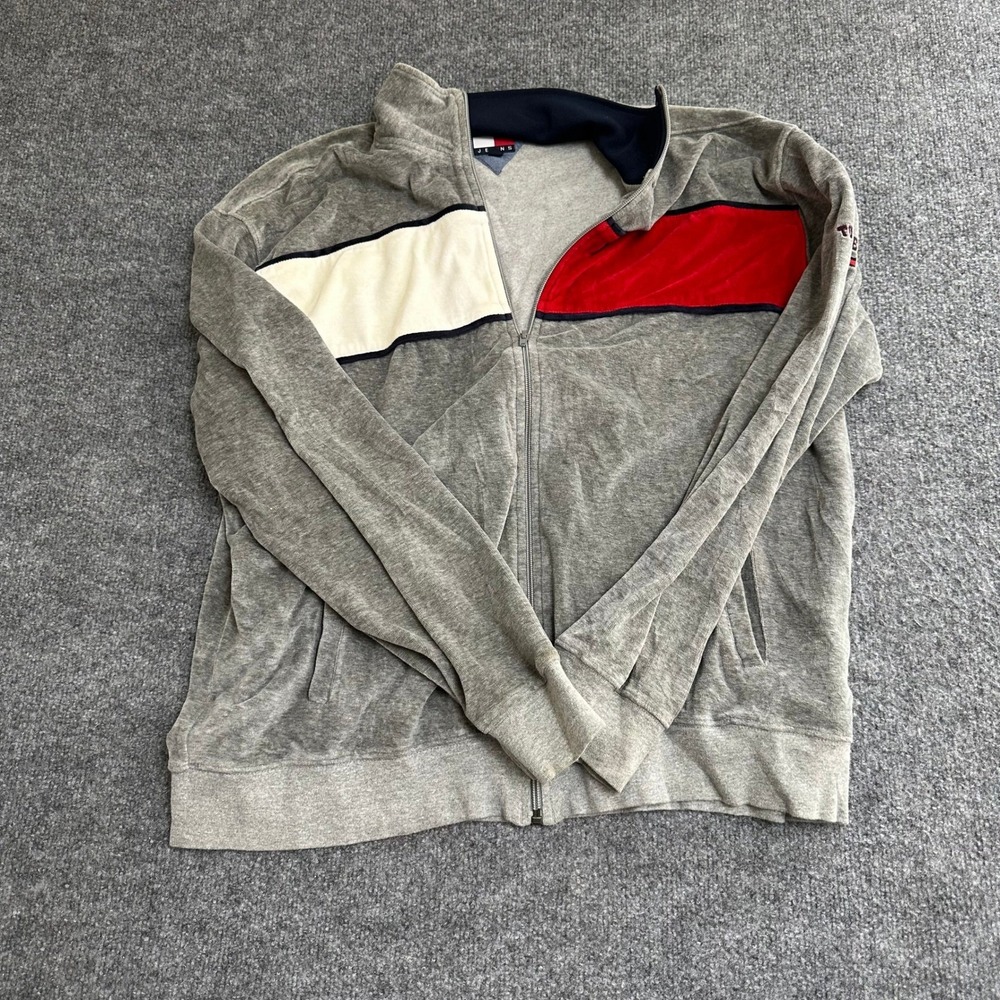 Tommy Jeans Jacket Mens Size XL Grey Velour Colorblock Full Zip Track Mock Neck